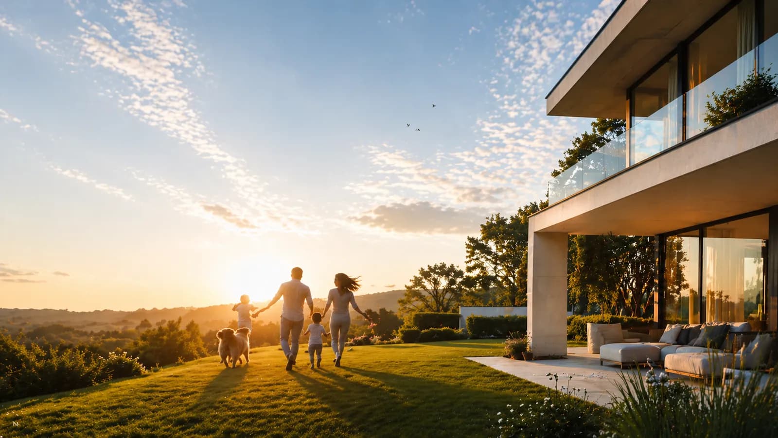 Familie vor ihrem Haus im Abendlicht